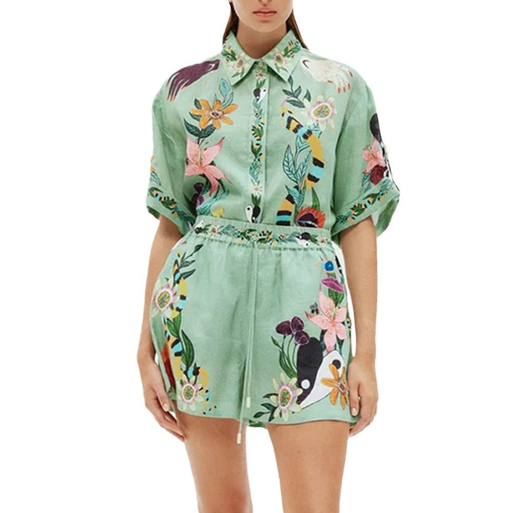 Valenzora | Summer Print Shirt Shorts Loose Casual Two-Piece Set