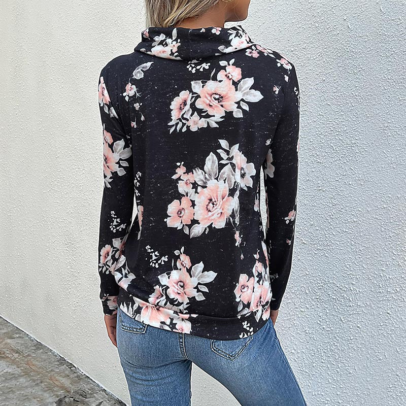 Women's hooded sweatshirt with floral pattern and modern roll neck, size