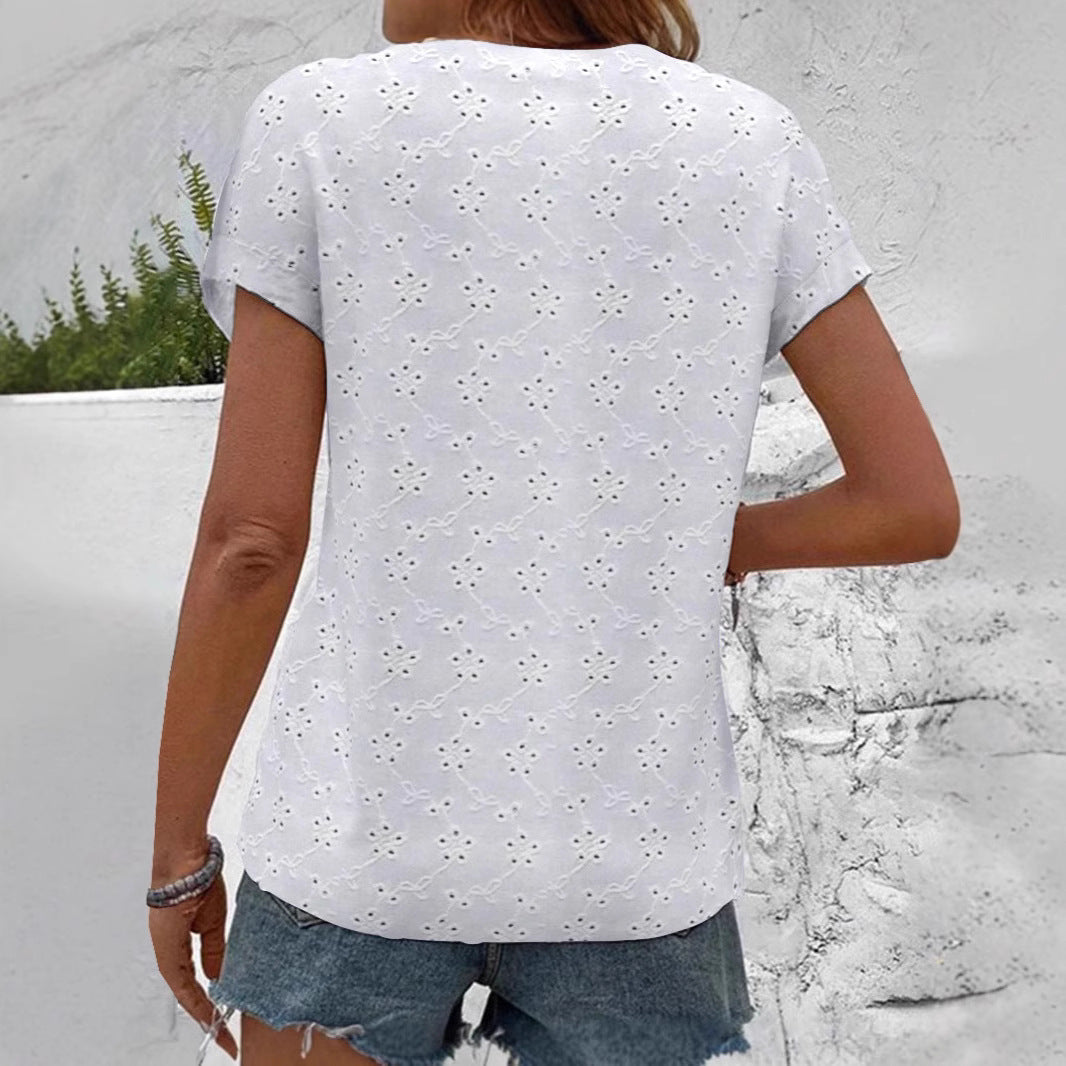 Women's airy blouse with floral eyelet embroidery and full button placket, size S