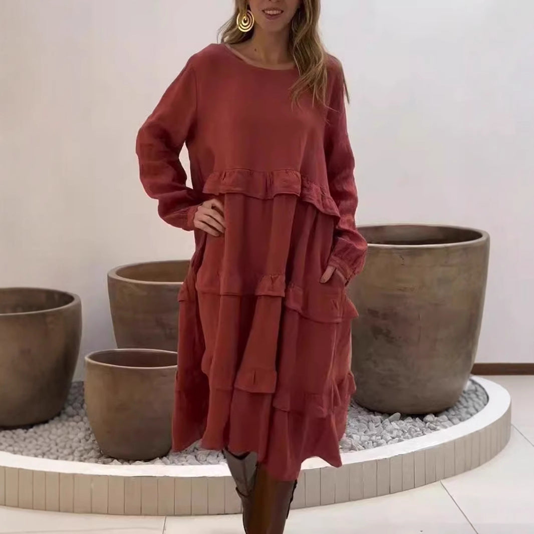 Valenzora | Ruffled round neck long-sleeved dress