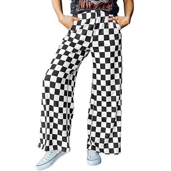 Women's checked palazzo trousers with elasticated waistband and practical side pockets, size Valenzora