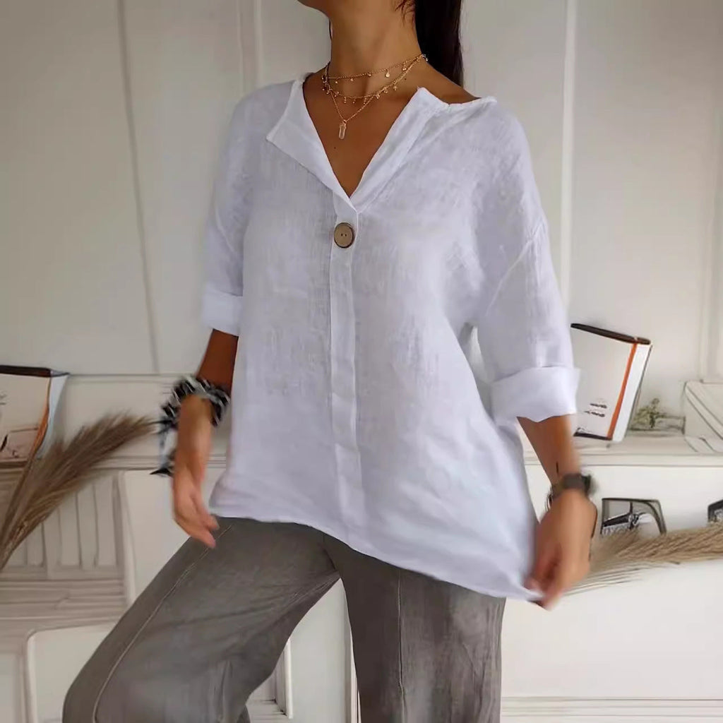 Women's airy linen blouse with front button and wide sleeves, size