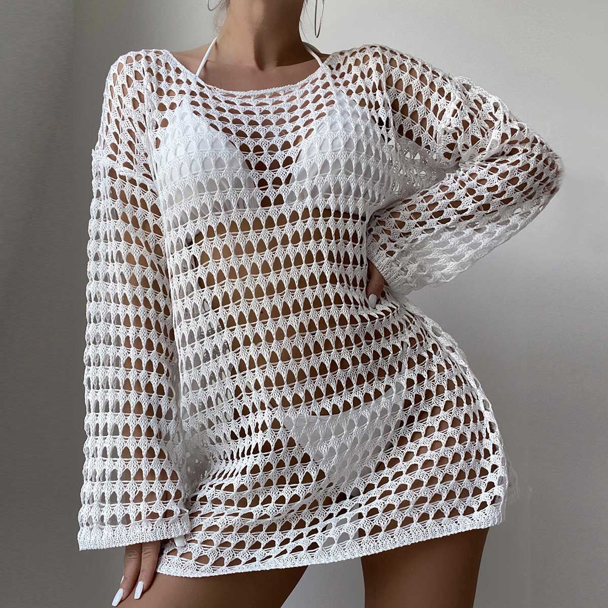 Women's crochet beach wrap with a loose fit and deep V-neck, size [size]