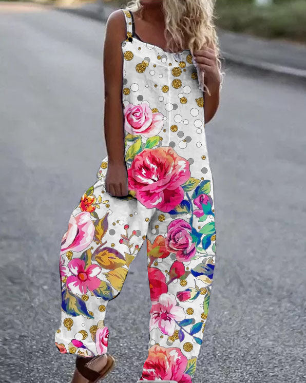 Valenzora | Large floral pattern lightweight fabric dungarees