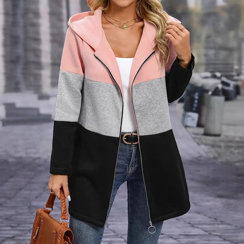 Women's fashionable hooded sweatshirt with color block design and comfortable fit, size