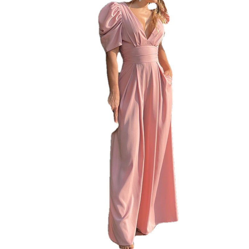 Damen-Jumpsuit mit Puffärmeln, tiefem V-Ausschnitt und weitem Bein, Größe [size missing]