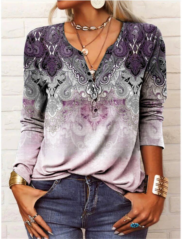 Damen Langarmshirt mit Detaildruck und Knopfleiste, Größe