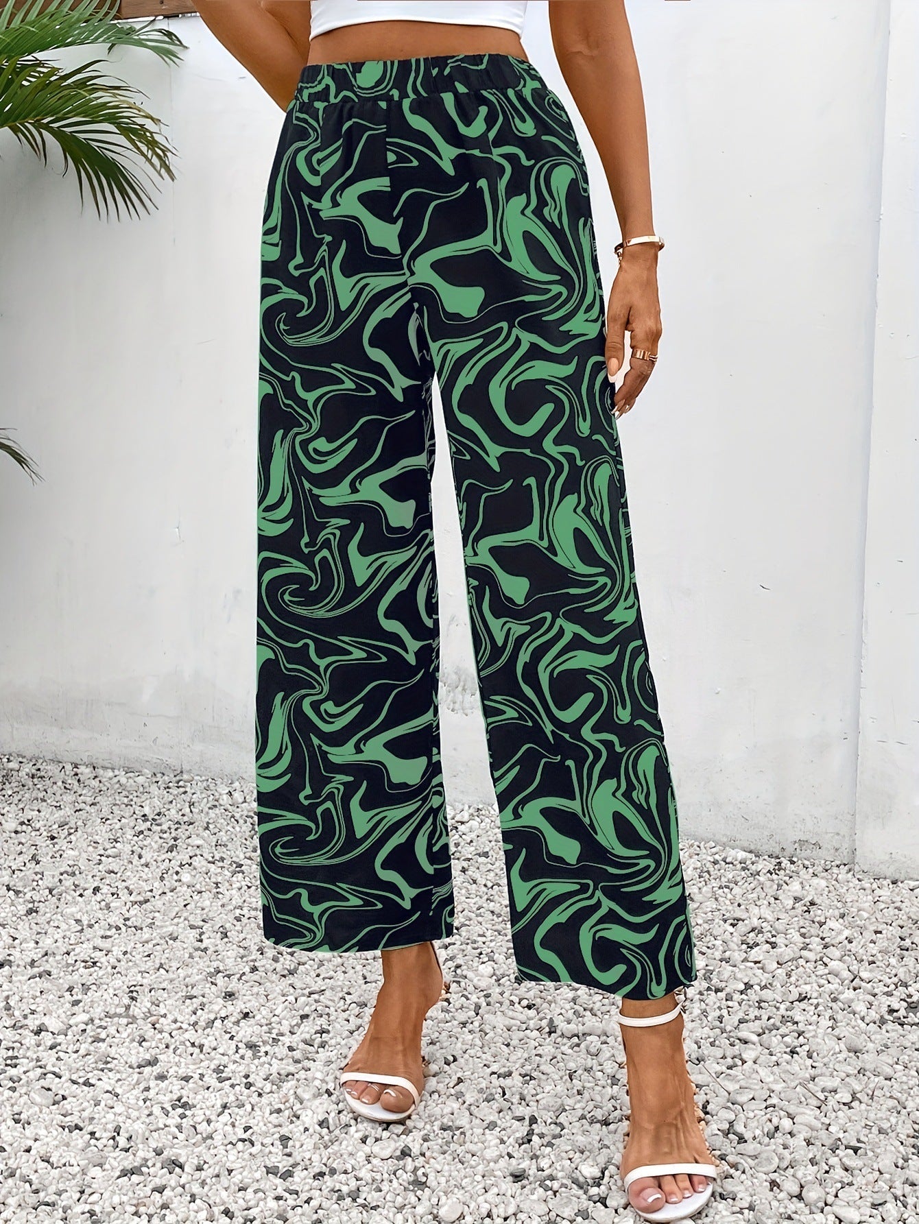 Damen-Palazzohose mit weitem Bein, modernem Marmordruck und elastischem Bund, Größe S