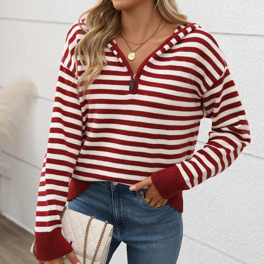 Women's cozy knit sweater with fashionable zipper and striped pattern, size
