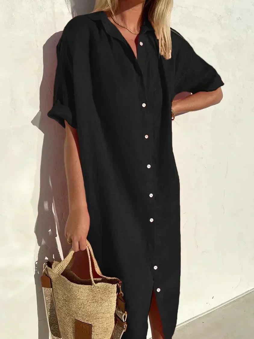 Valenzora | Hemdblusenkleid mit weitem Ausschnitt und schmalen Ärmeln, elegant und lässig, für Damen, Baumwoll- und Leinenkleider