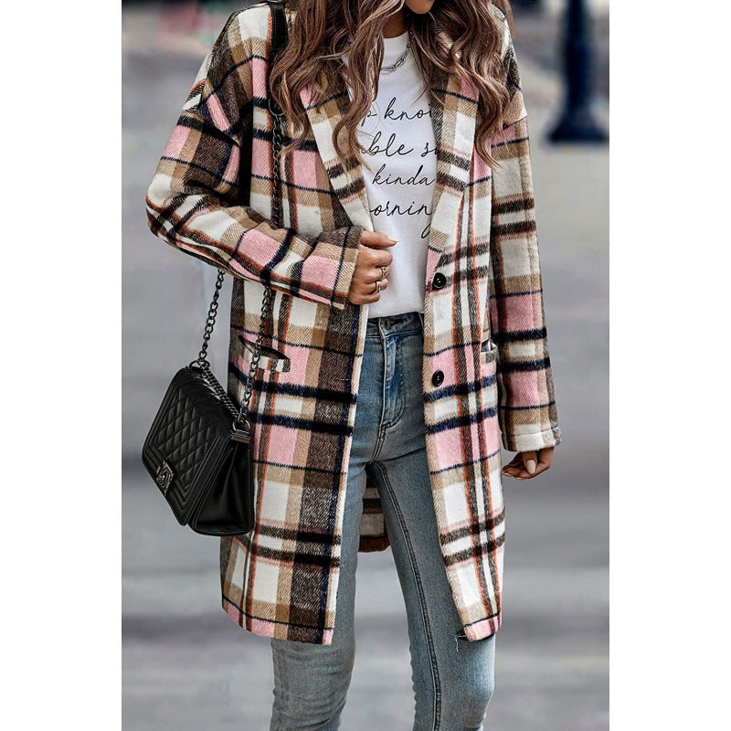 Damen karierte lange Jacke mit Kapuze und Taschen, Größe