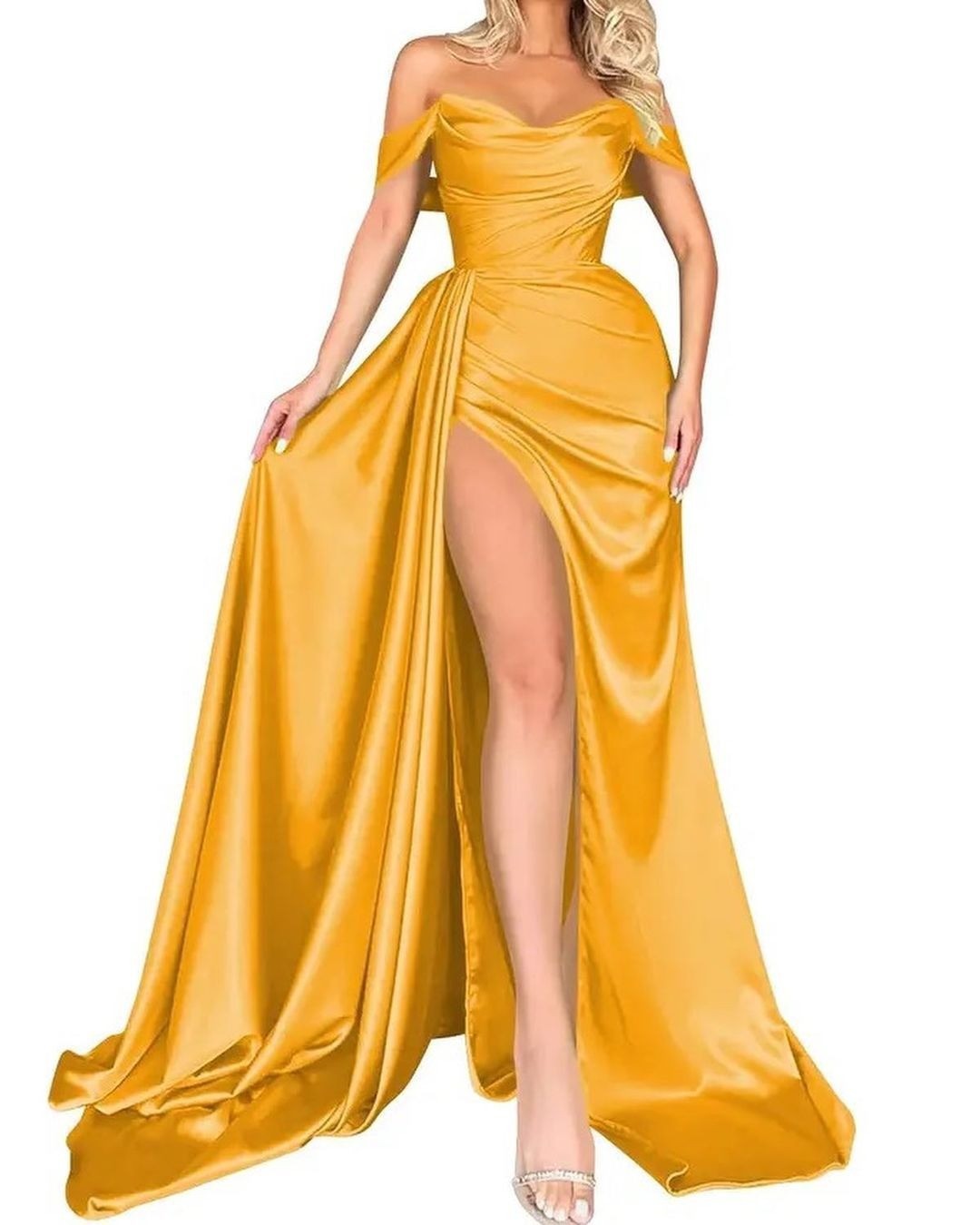 Damen schulterfreies Abendkleid mit hohem Beinschlitz und voluminösem Rock, Größe [Größe fehlt]