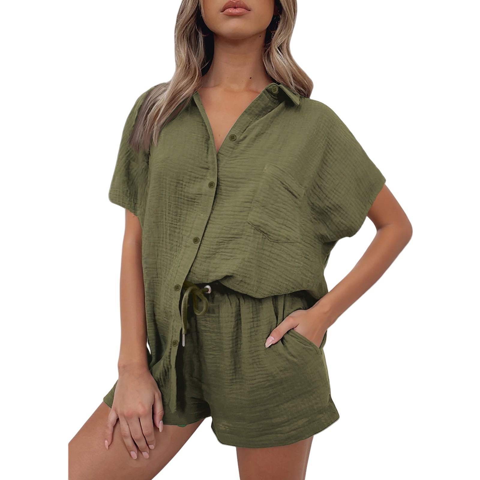 Women's casual short-sleeved shirt and shorts set made from durable cotton material with practical pockets and elastic waistband, size [size missing]