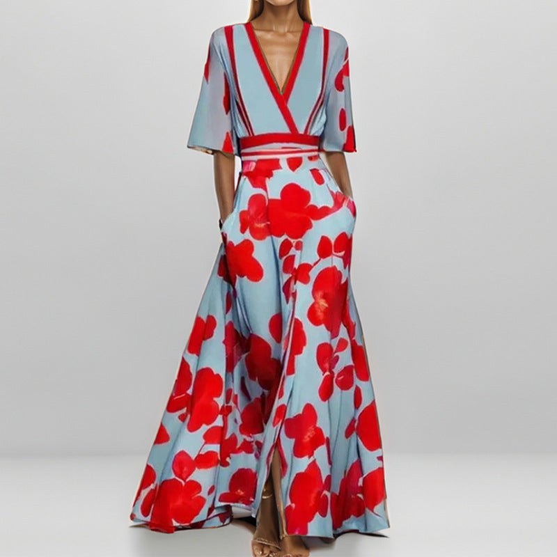 Valenzora | Elegantes V-Ausschnitt-Kleid mit Druck und Schößchen