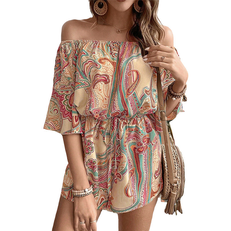 Women's off-the-shoulder playsuit with playful paisley pattern and elasticated waistband, size S