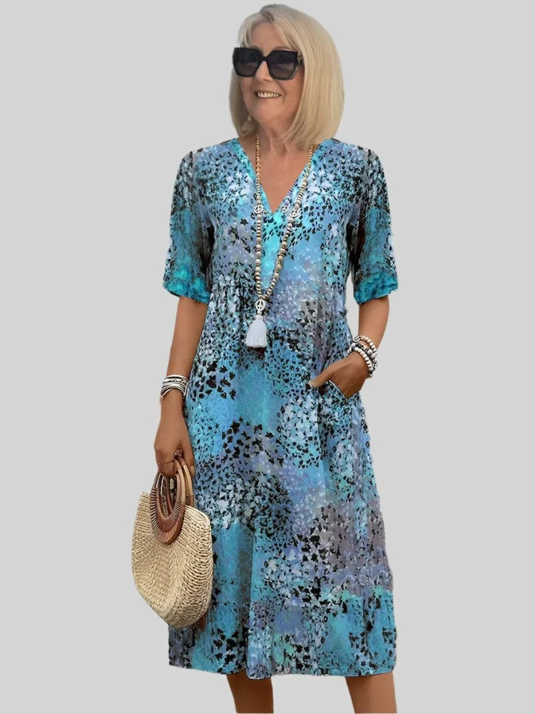 Damen lockeres Sommerkleid mit V-Ausschnitt und Taschen
