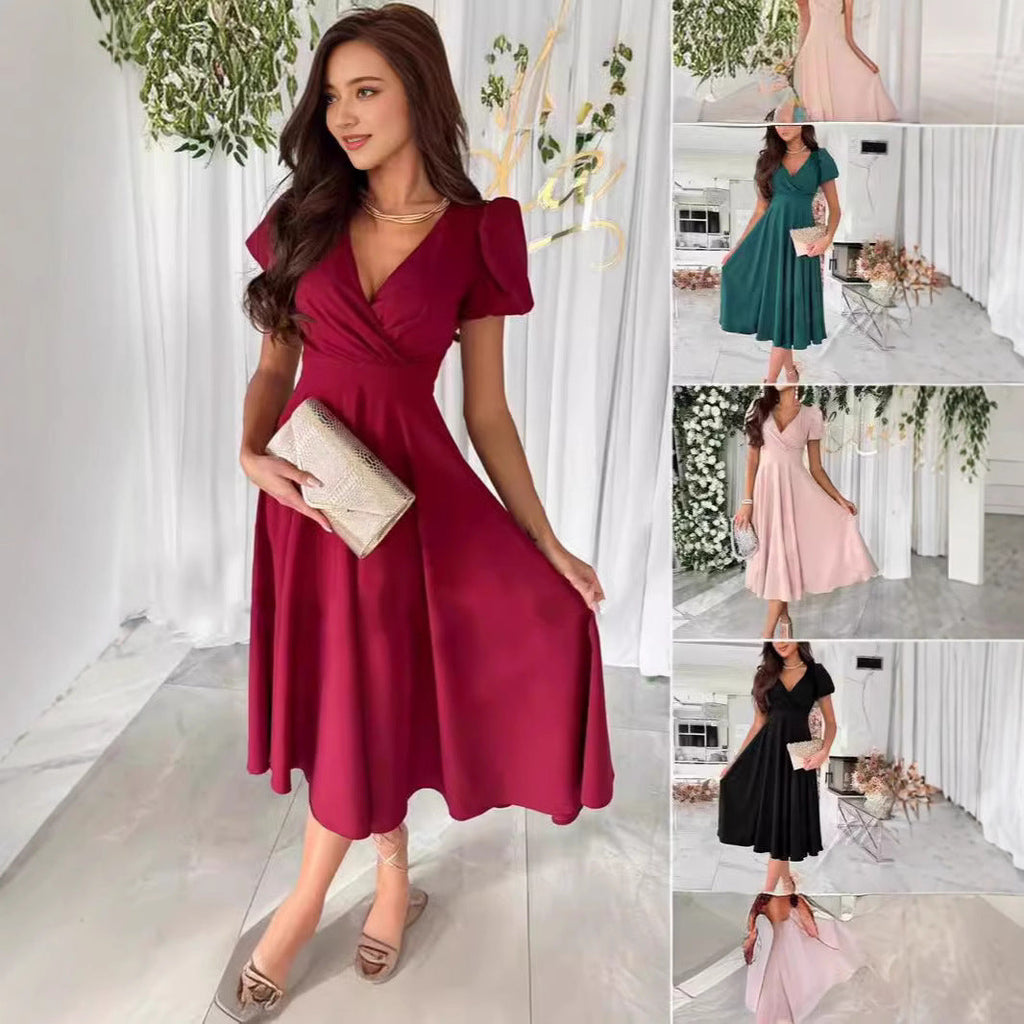 Valenzora | Commuting Solid Color Fitted Puff Sleeve Flared Dress