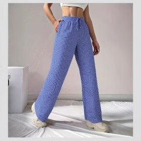 Women's wide-leg checked trousers with elasticated waistband and chic cut, size [size]