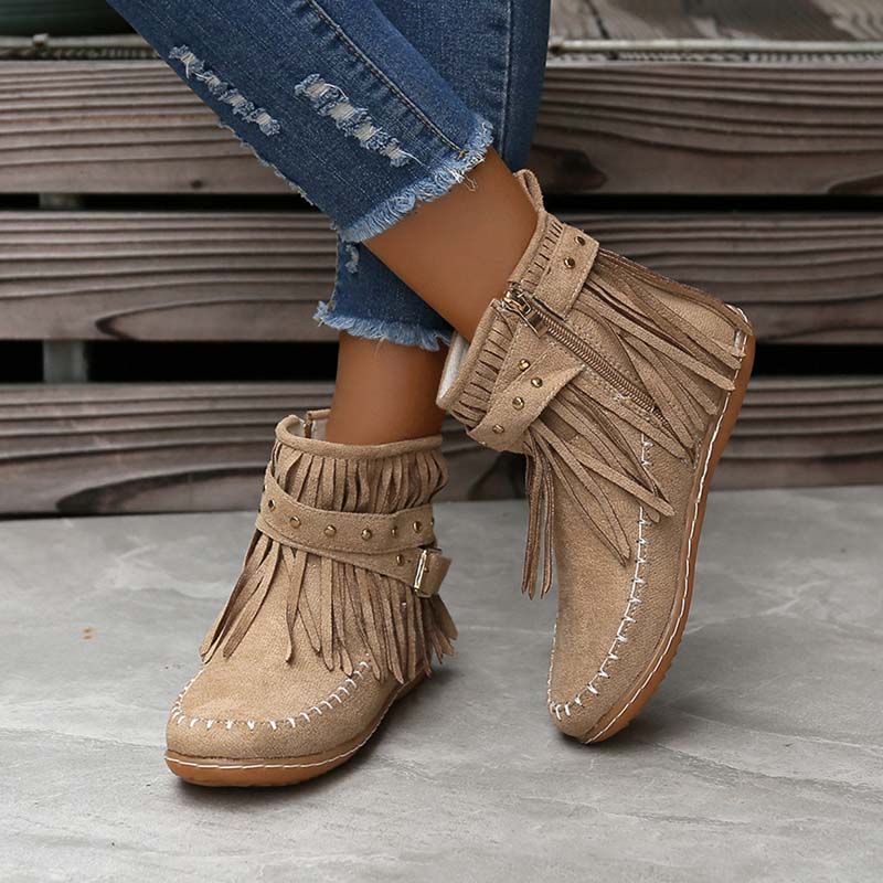 Valenzora | Boho-Stiefeletten mit Fransen und Schnallen für Damen