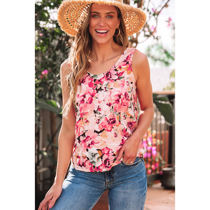 Women's sleeveless blouse top with floral print and relaxed fit, size