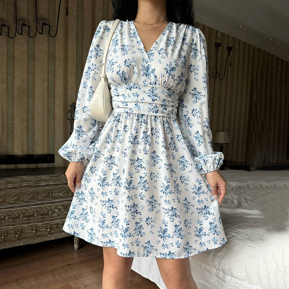 Women's Floral Long Sleeve Wrap Dress Drune