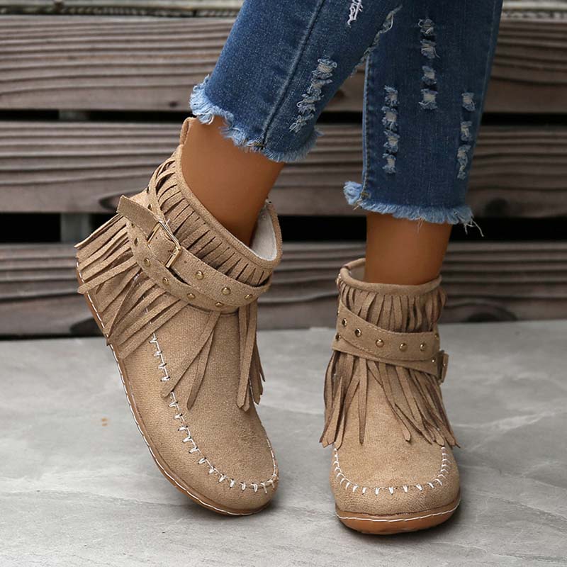 Valenzora | Boho-Stiefeletten mit Fransen und Schnallen für Damen