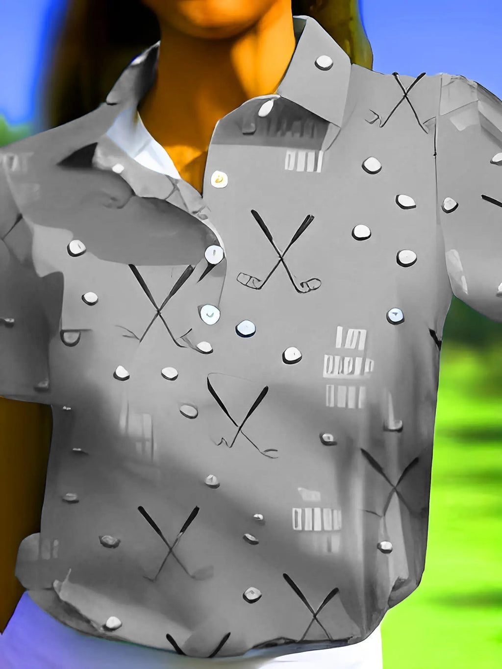 Women's short-sleeved shirt with a fashionable golf print and comfortable cut, size S