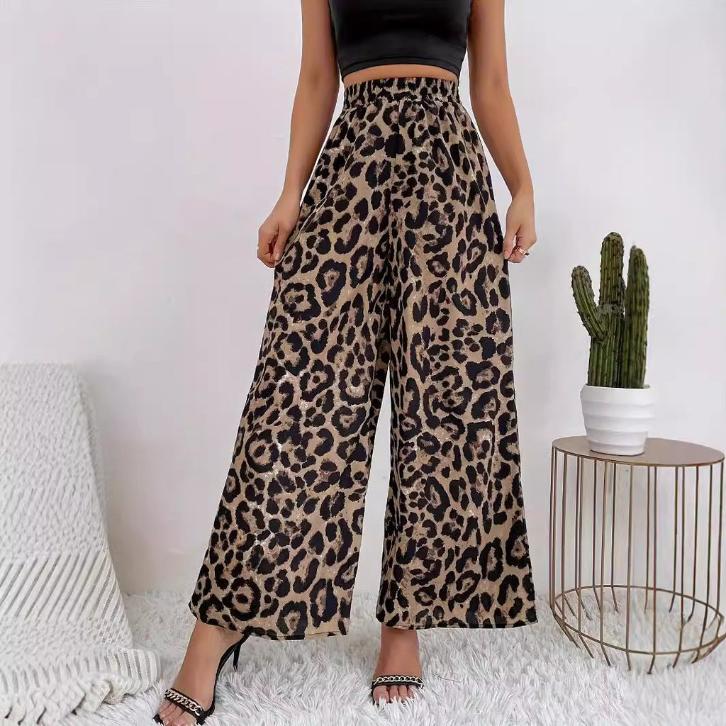 Damenhose mit weitem Bein im Leopardenmuster aus fließendem Material mit elastischem Bund, Größe S