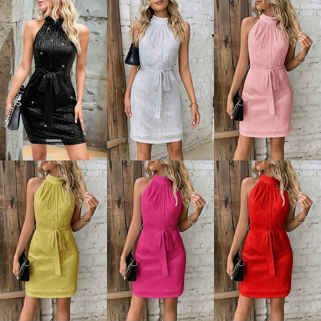 Women's cocktail dress with pleated design and chic tie belt, size
