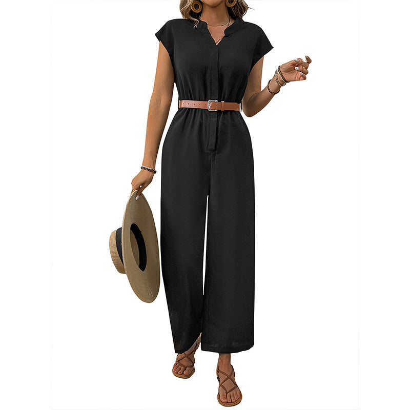 Damen-Jumpsuit mit elegantem Taillengürtel und modernem V-Ausschnitt, Größe