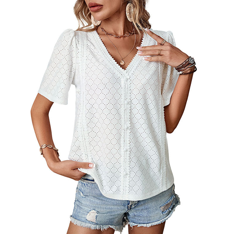 Women's blouse with elegant puff sleeves and delicate openwork pattern, size