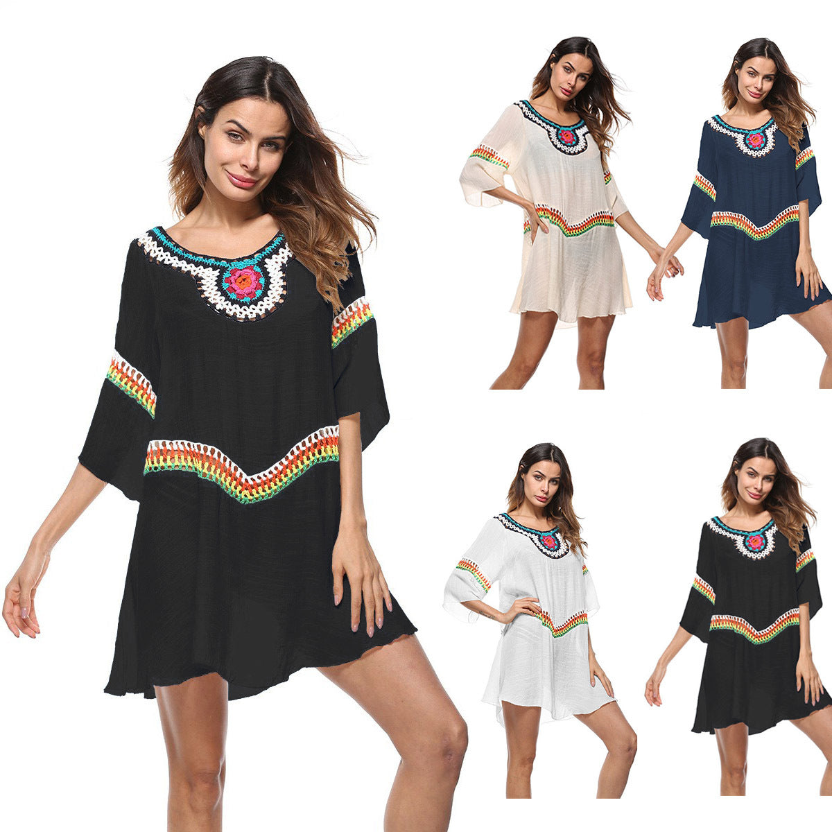 Women's beach tunic with colorful embroidery and wide sleeves, size S