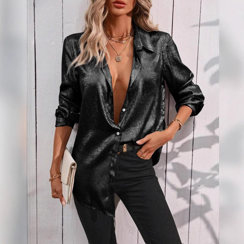 Women's shiny satin blouse with modern cut-out details, size