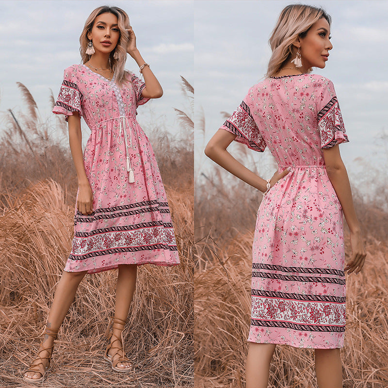 Damen Boho-Style Kleider mit Stickdetails und Taillenzugbund Drune