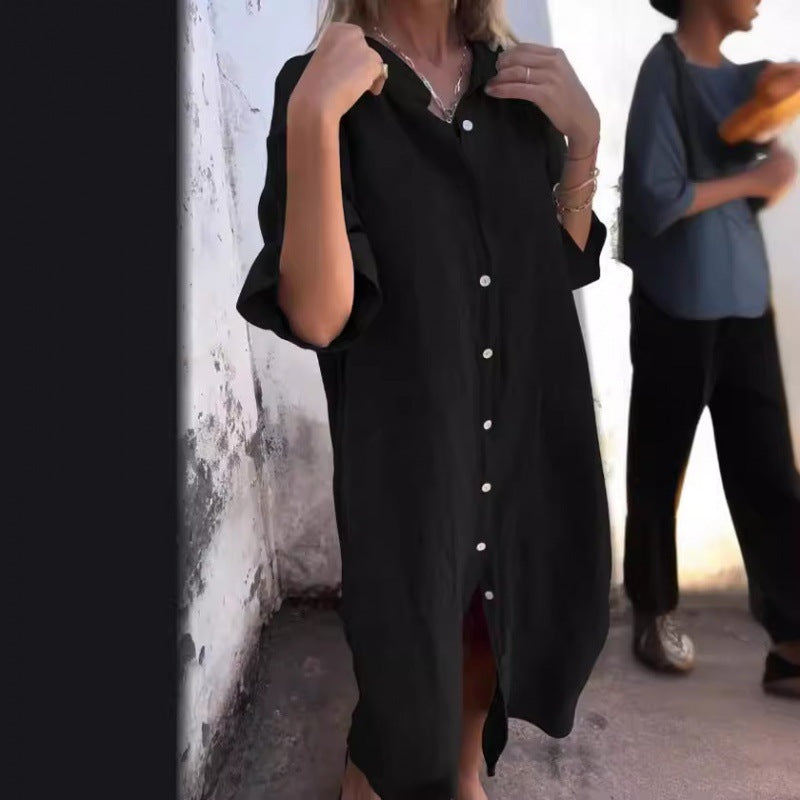 Valenzora | Loose, casual cotton-linen shirt dress with half sleeves