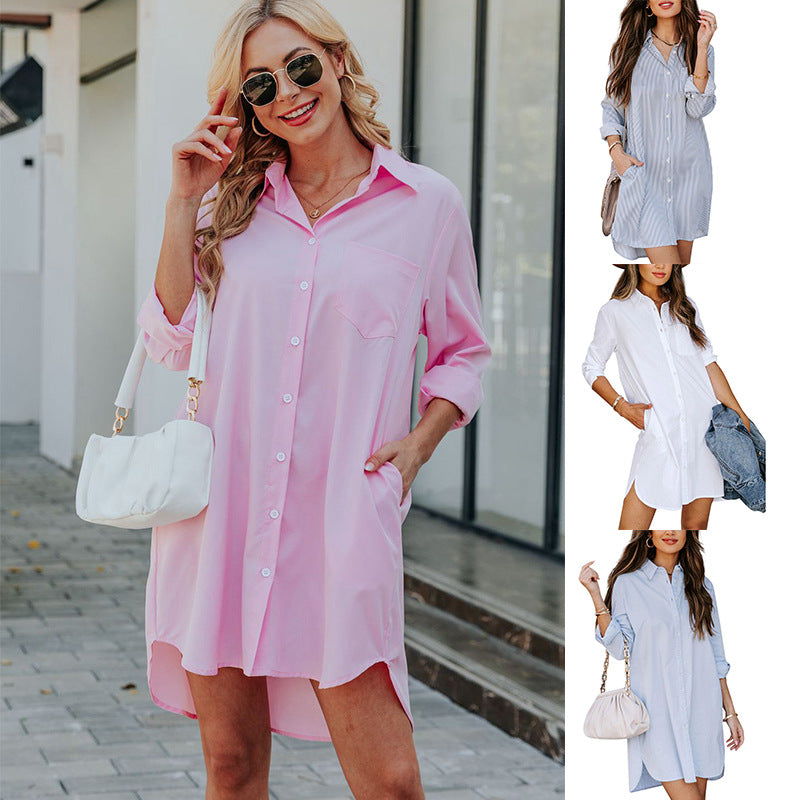 Damen Hemdblusenkleid mit praktischen Taschen und abgerundetem Saum Drune