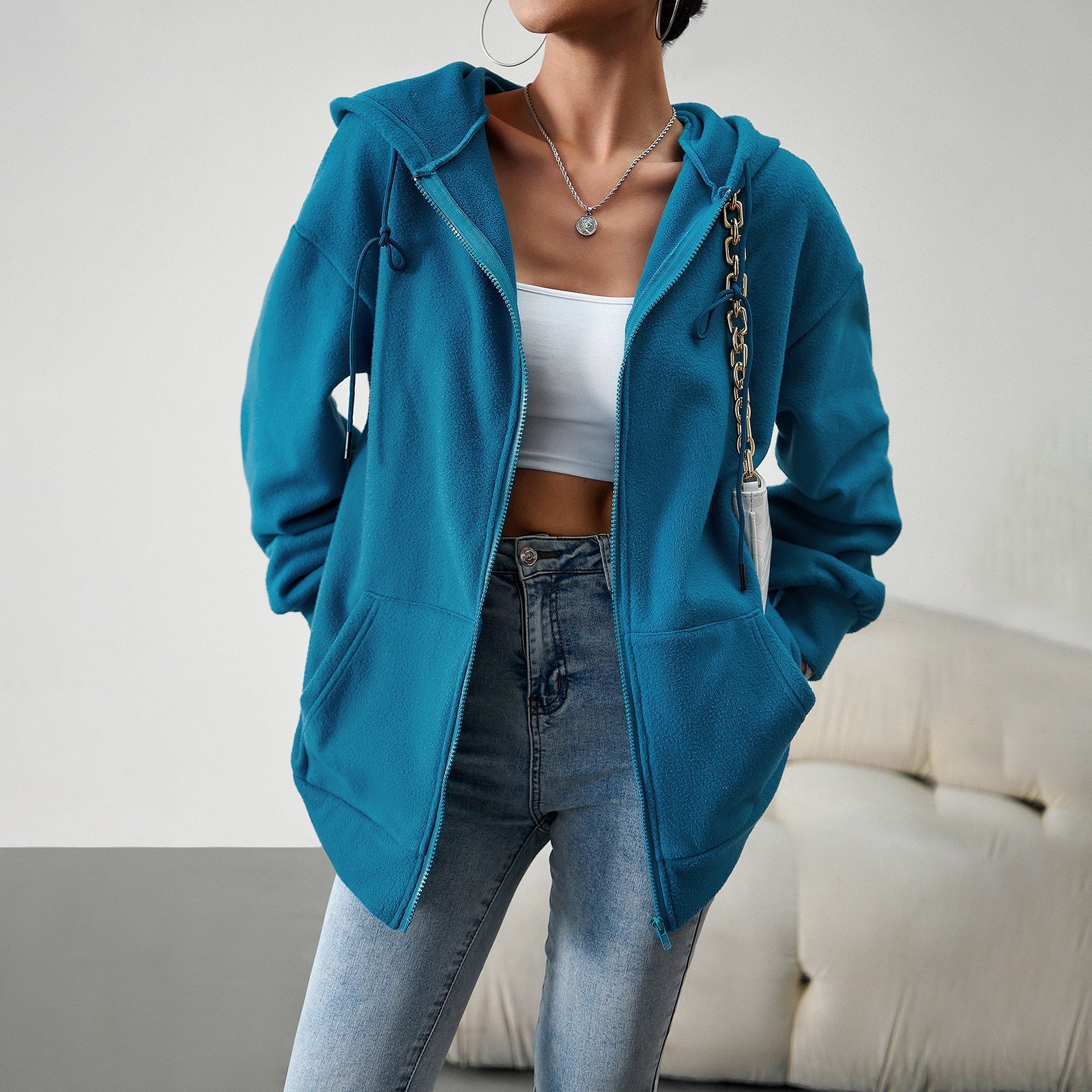 Damen-Fleecejacke mit praktischen Taschen und verstellbarer Kapuze, Größe S