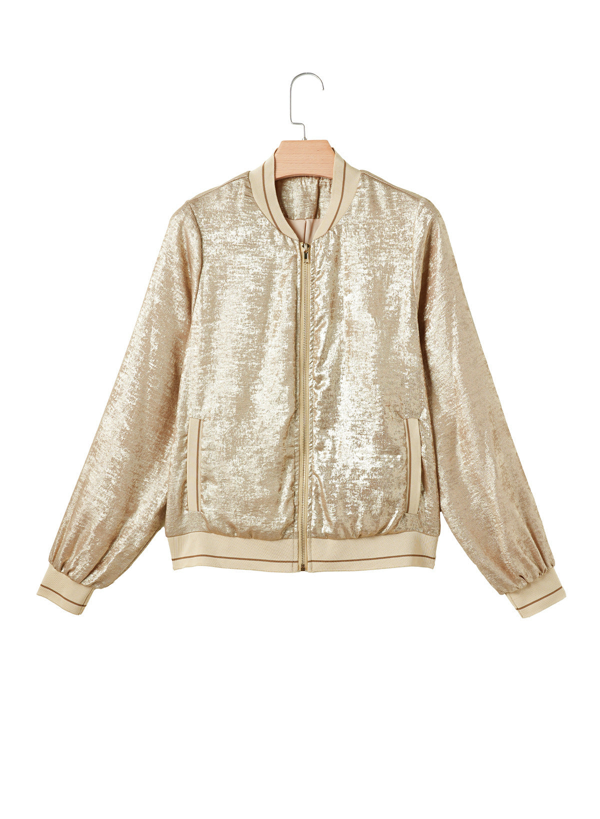 Women's shiny bomber jacket with trendy ribbed details and practical pockets, size S