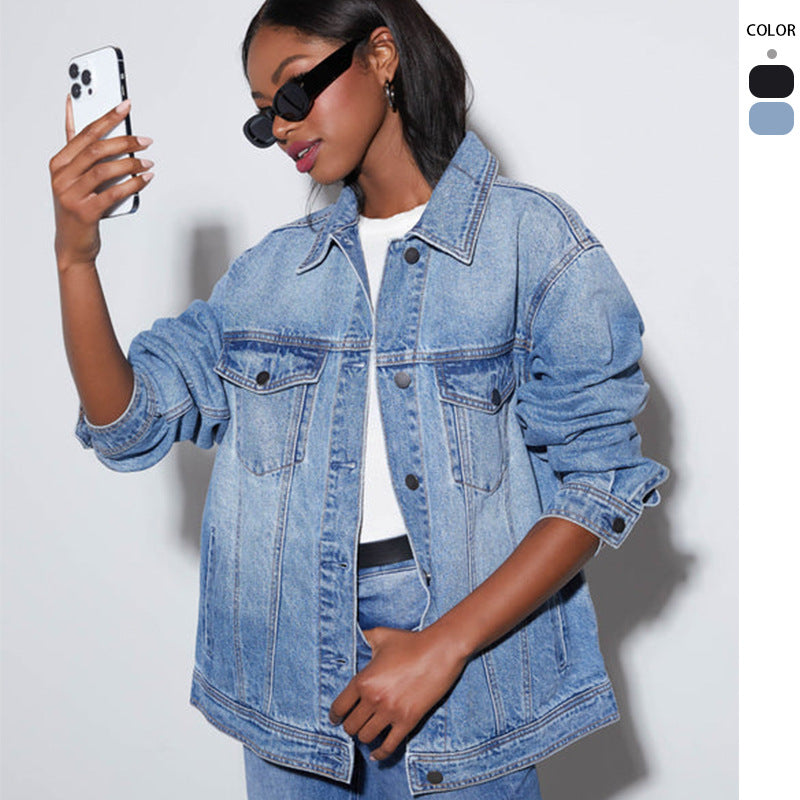 Women's oversized denim jacket in a modern street style with a relaxed cut, size S