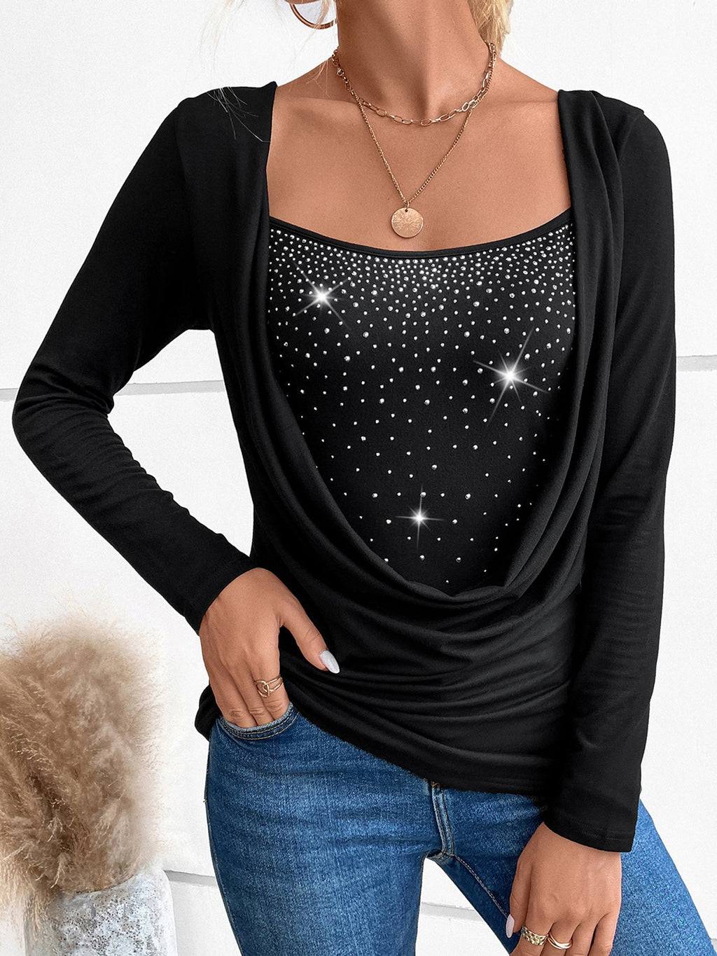 Valenzora | Rhinestone-studded fake two-piece long-sleeved shirt