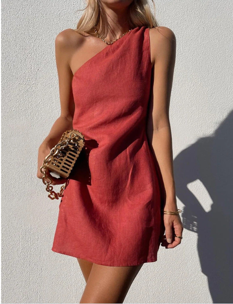 Valenzora | Solid color slim fit one-shoulder commuter dress