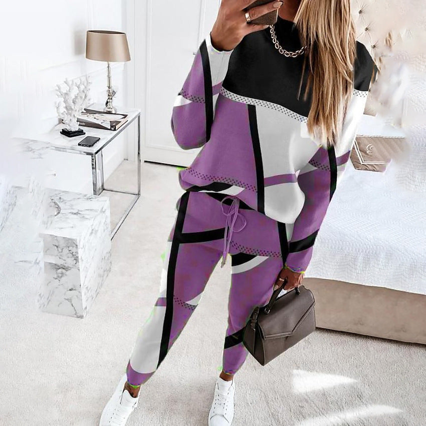 Women's fashionable sports set with graphic pattern and elastic waistband, size S