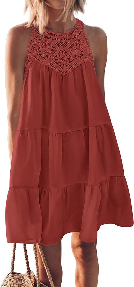 Women's airy summer dress with lace trim and wide hem, size [size]
