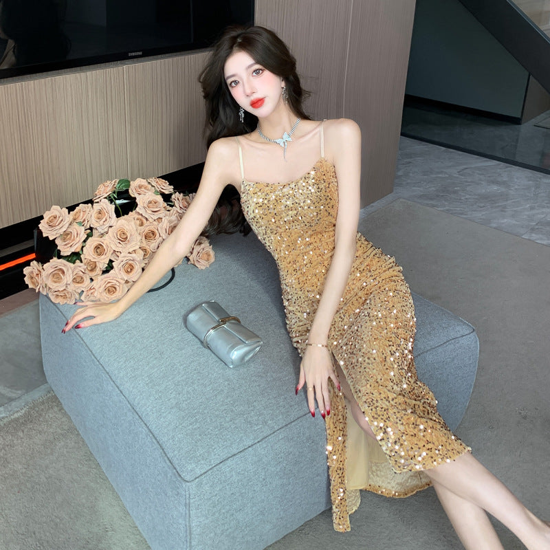 Valenzora | Spaghetti Strap Light Shiny Lightweight Luxury Evening Dress