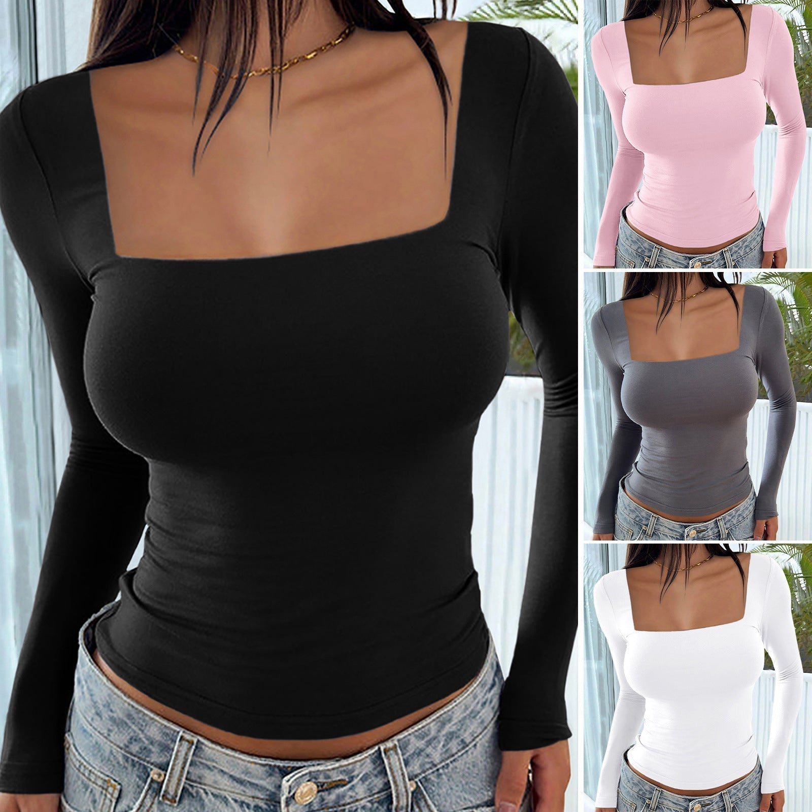 Tailliertes Langarmshirt für Damen mit eckigem Ausschnitt und Raffungen, Größe [Größe fehlt]