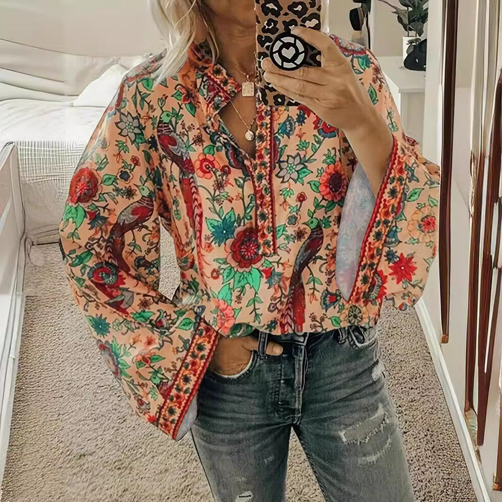 Women's blouse with floral pattern and wide sleeves, size