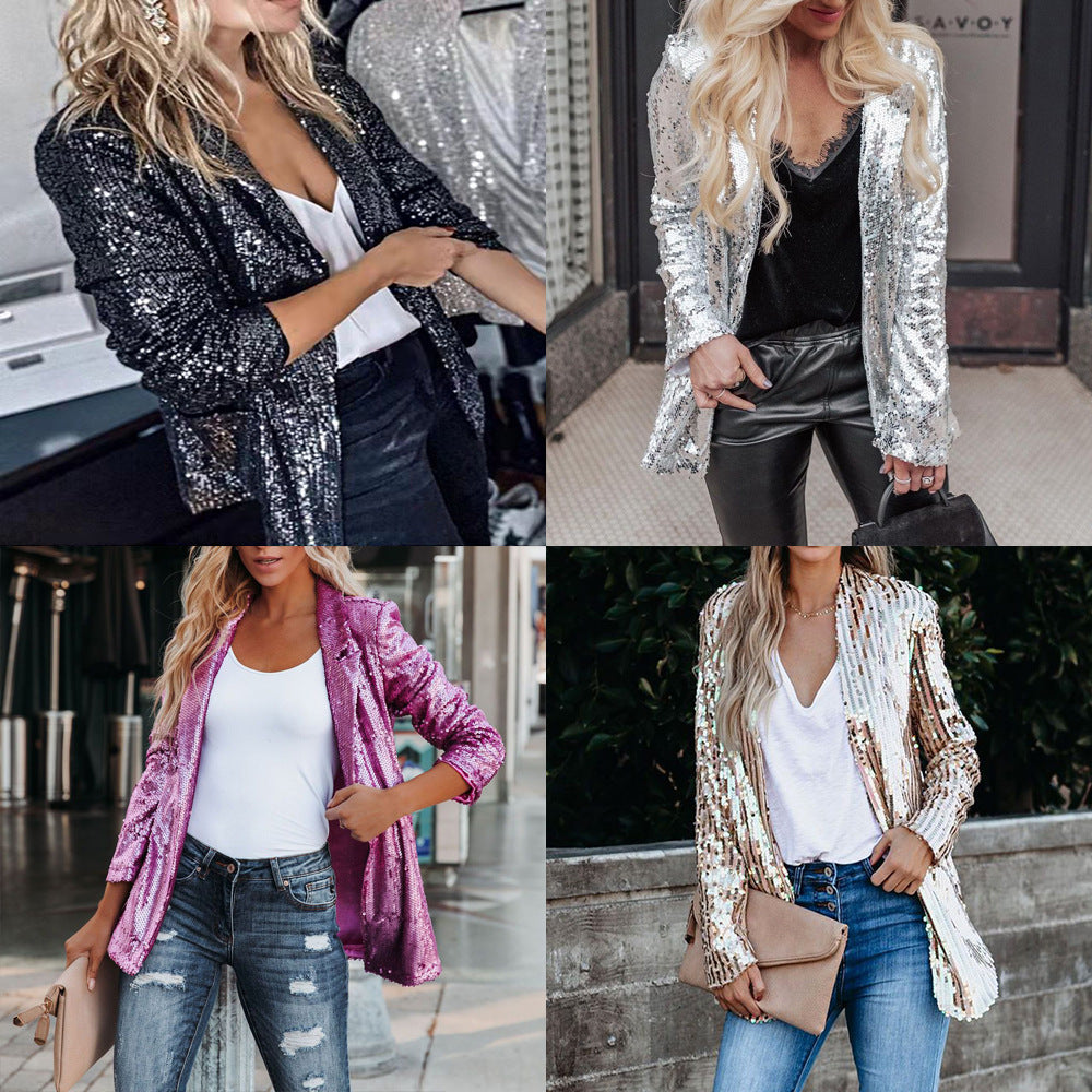 Women's Glittering Sequin Blazer with a Modern Cut, Size