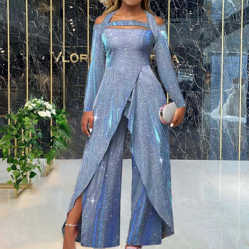 Women's glamorous jumpsuit with shimmering sequin trim and elegant cut-outs, size Valenzora