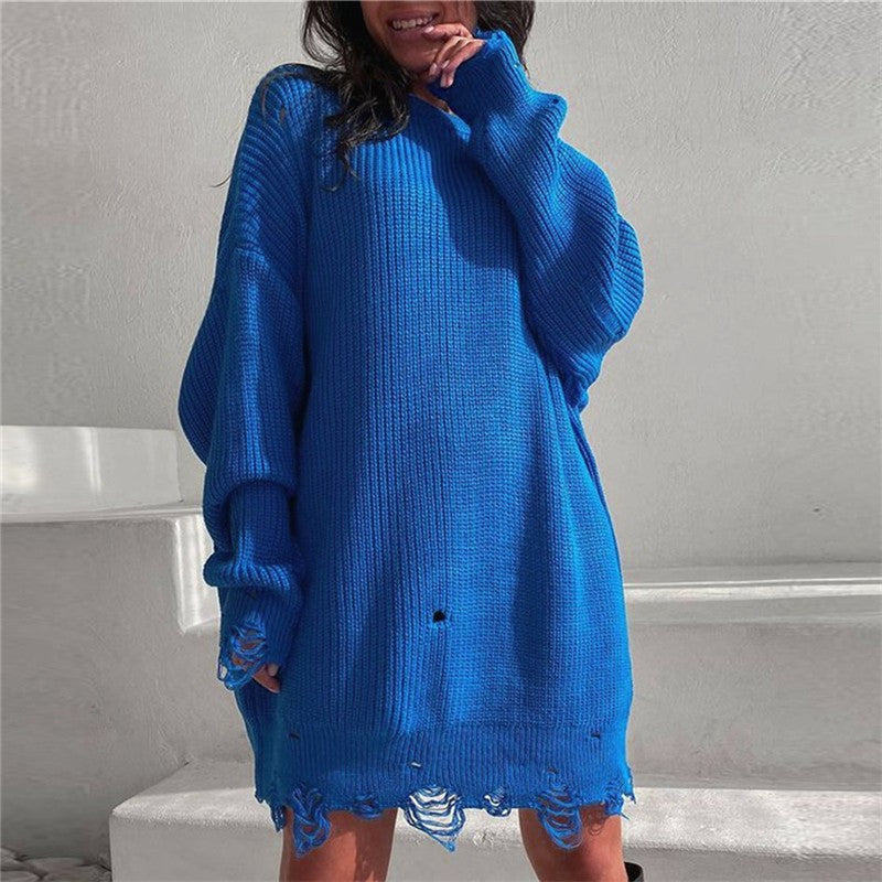 Valenzora Gerissenes Oversize-Strickkleid mit Rundhalsausschnitt
