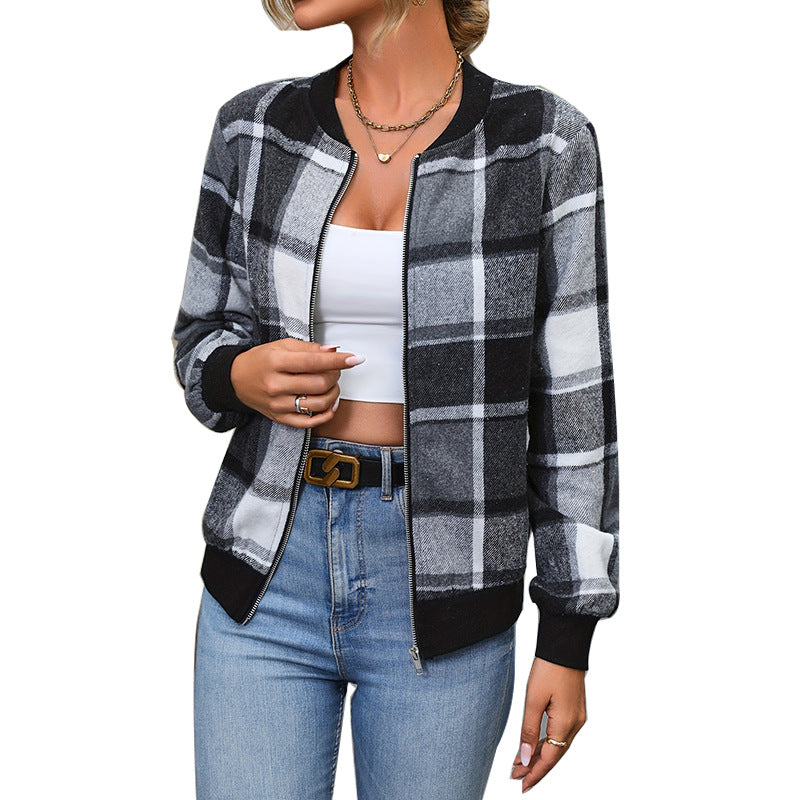 Gefütterte Damen-Jacke mit Karomuster, durchgehendem Reißverschluss und elastischen Bündchen, Größe S